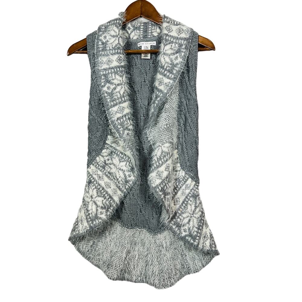 Max Studio Open Front Cardigan Cotton Shag Sleeveless Sweater Vest - L